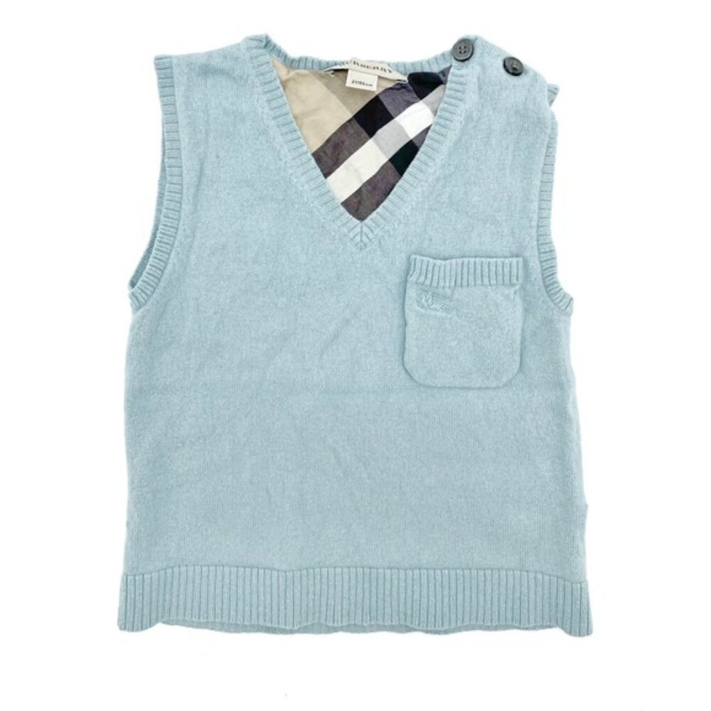 Burberry Wool & Cotton Light Blue Sweater Vest Check Lined - 2T